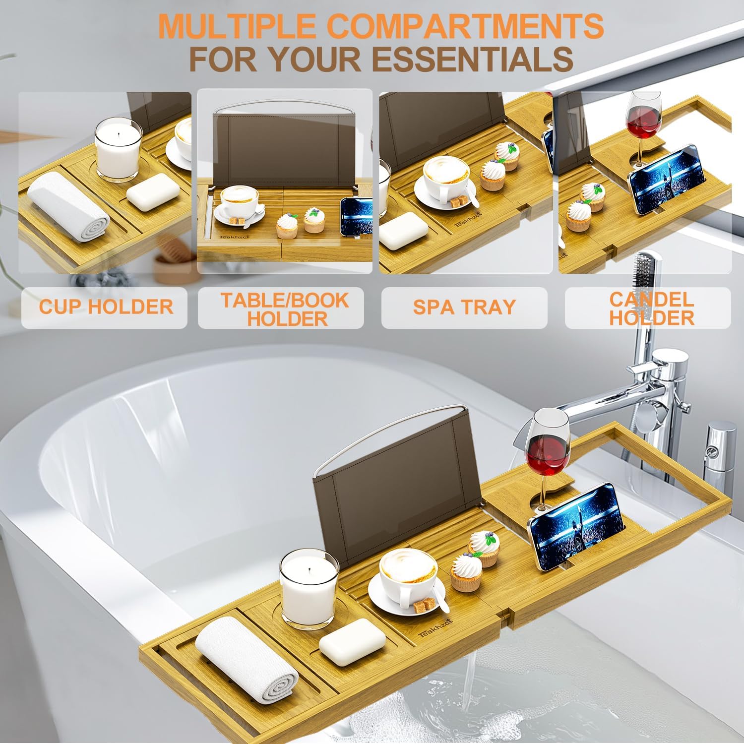 Bath Accessories - Cup Holders - Bathtub Tray Caddy - Bath Tray Expandable - Bath Tub Table Tray Caddy - Bamboo Bath Tray for Tub
