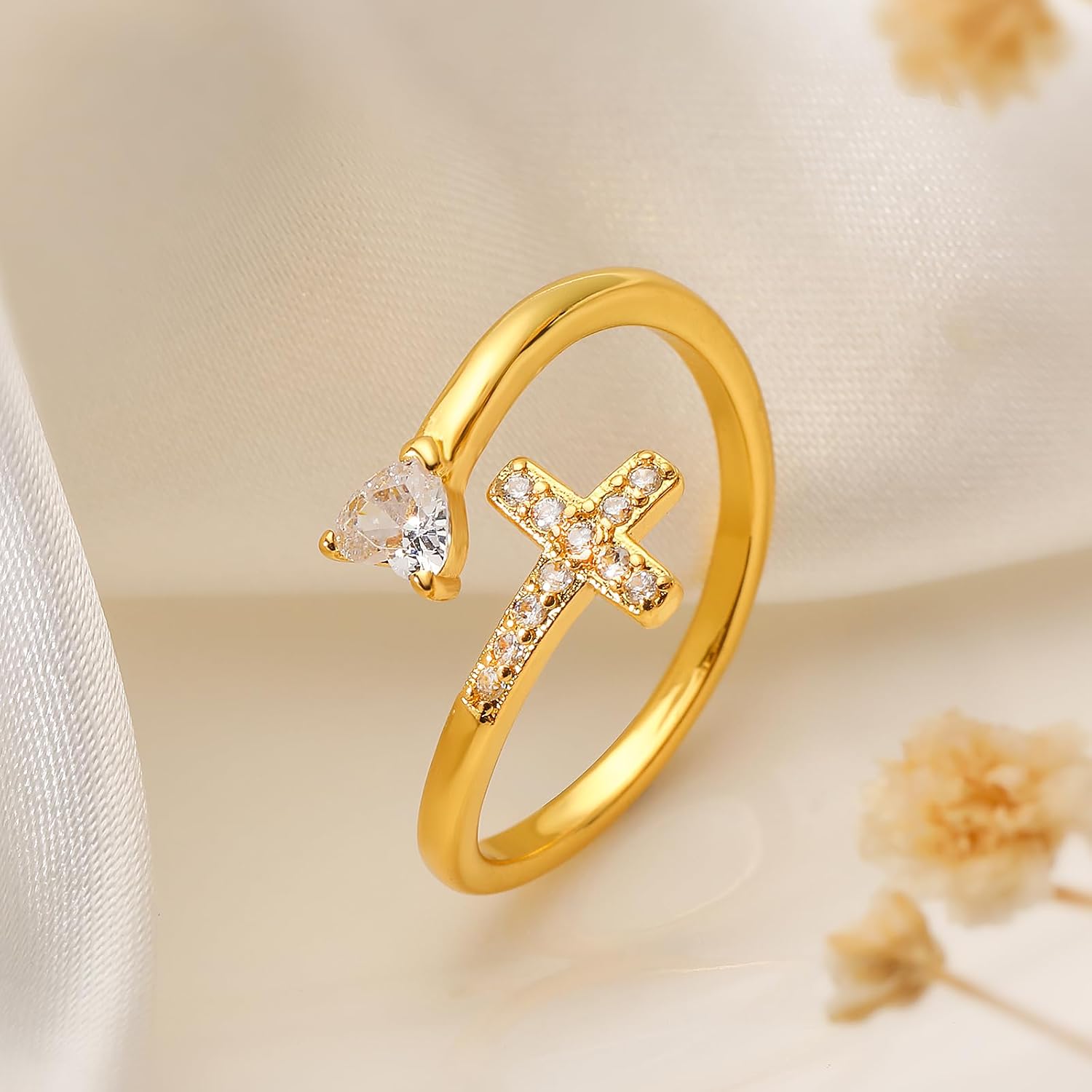 14K Gold Plated CZ Cross Heart Ring Eternity Promise Jewelry for Her