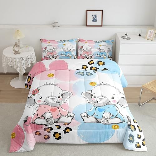 Juego de edredón de dibujos animados con diseño de elefante para parejas, tamaño Queen, juego de ropa de cama de microfibra súper suave con acuarela