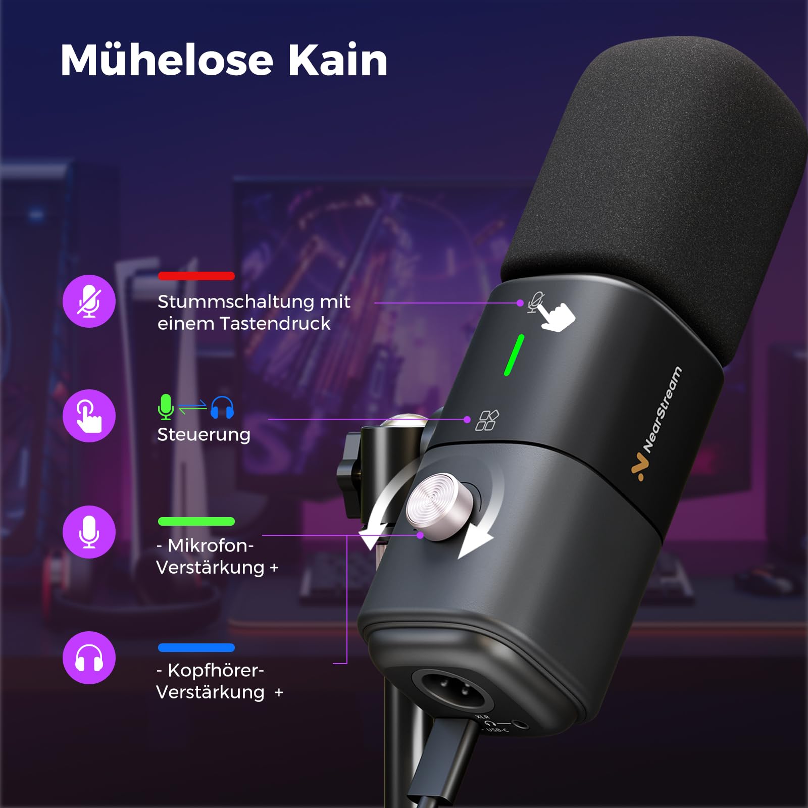 NearStream AM25X Gen2 XLR/USB Kondensatormikrofon mit Tischstativ | Geräuschunterdrückung, Lautstärkeregelung, Kopfhöreranschluss, Stummschaltung, für PC, Audiomixer, Streamen, Podcasten
