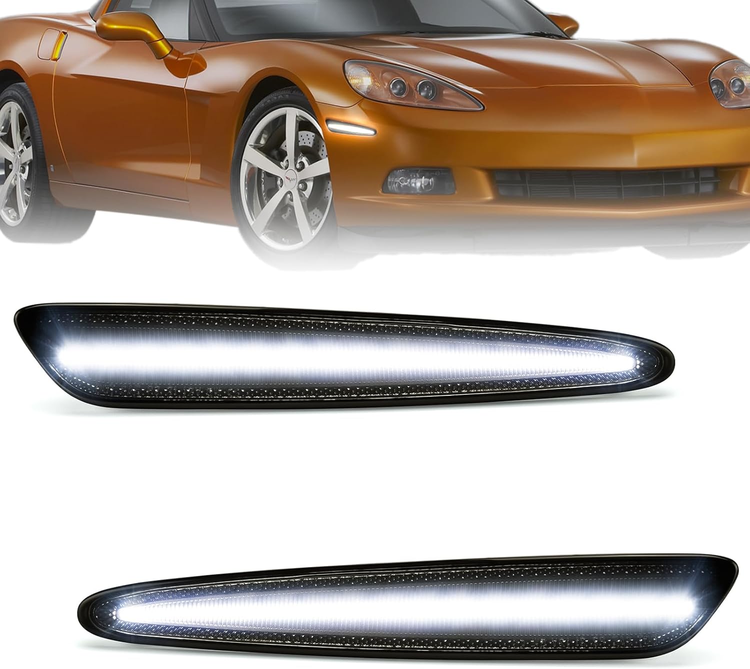 White Front LED Side Marker Lights for Chevy Corvette C6 2005 2006 2007 2008 2009 2010 2011 2012 2013 Smoked Lens White Fender Bumper Lamps Pack of 2