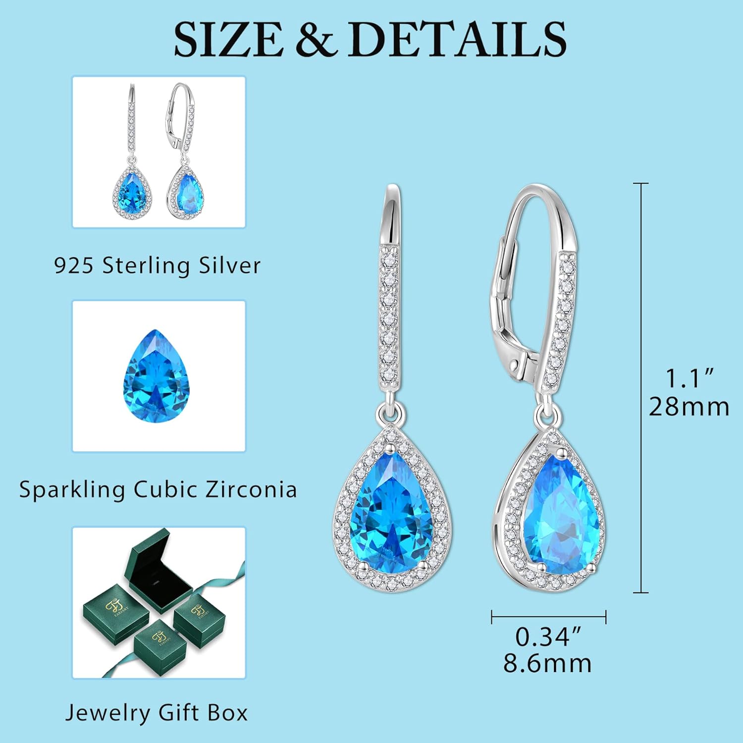 FJ Teardrop Dangle Drop Earrings 925 Sterling Silver Halo Leverback Earrings Birthstone Jewelry Gifts for Women - Image 6