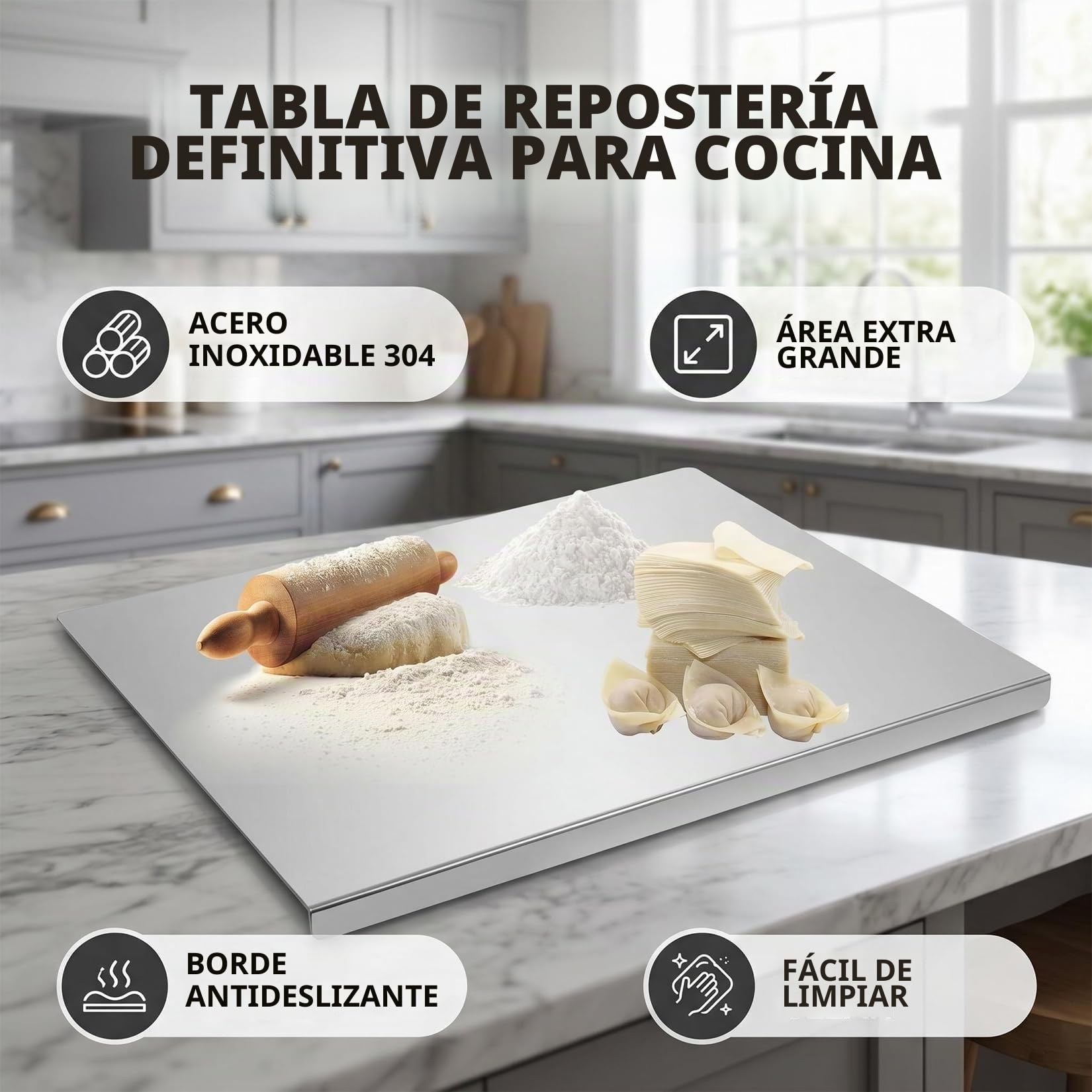 Tabla de Cortar de Acero Inoxidable 40x60 cm, Higiénica y Antibacteriana, Fácil de Limpiar, para Carne, Verduras, Frutas, Pan, Amasar y Hornear, Uso Profesional en Cocina, Bar y Restaurante