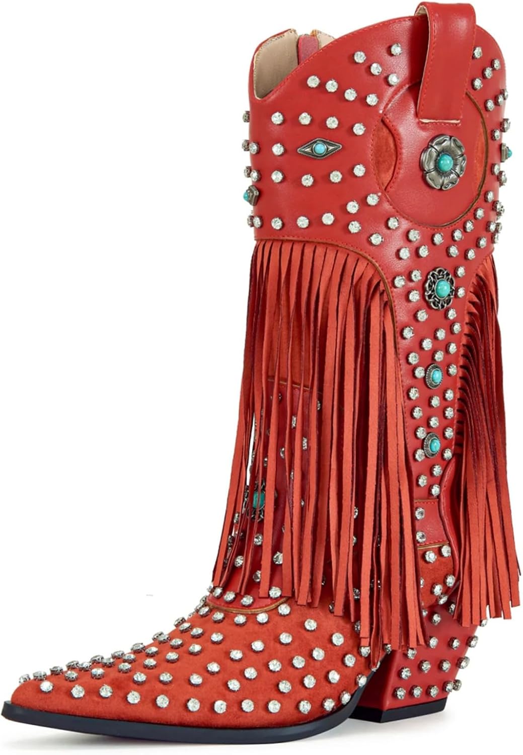 Fringe Cowboy Boots for Women Cowgirl Boots Womens Sparkly Rhinestone Boot with Chunky Heel Wide Mid Calf Pointed Toe Boot Side Zipper Dress Shoes