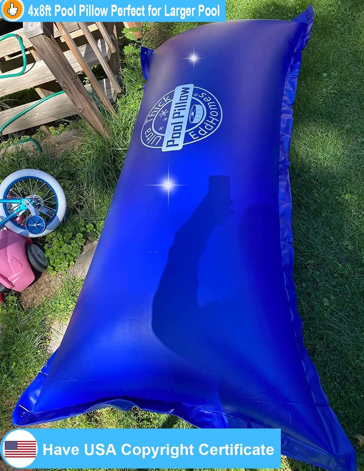 4x8FT Pool Pillow for Above Ground Pools, 0.5mm Extra Thick & Strong Cold-Resistant Pool Pillows 4x8ft for Closing Winter, P ool Pi llow for Winterizing to Last All Season(with 33ft Rope)