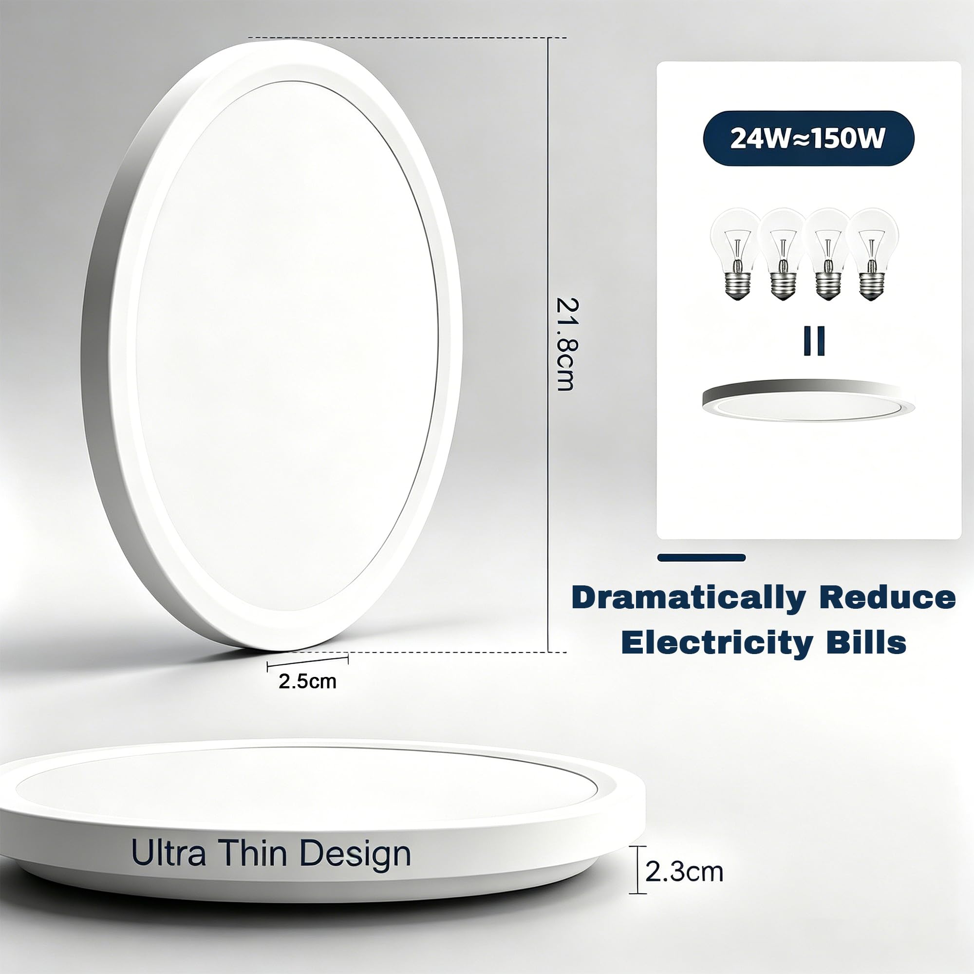 Juego de 4 lámparas de techo LED redondas y planas, 24 W, 5000 K, ideales para baño, dormitorio, sala de estar, cocina, sótano y balcón. Diseño ultrafino, Ø 29 x 2,5 cm de alto.