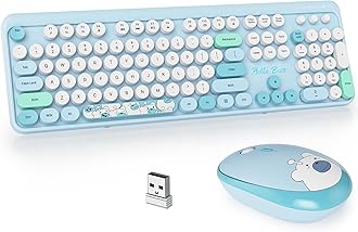 Guffercty kred GTSP Typewriter Wireless Keyboard Mouse Combo, Cute Keyboard 2.4G Office Full-Sized Retro Keyboard with Round Keycaps for Laptop PC Desktops（Blue）