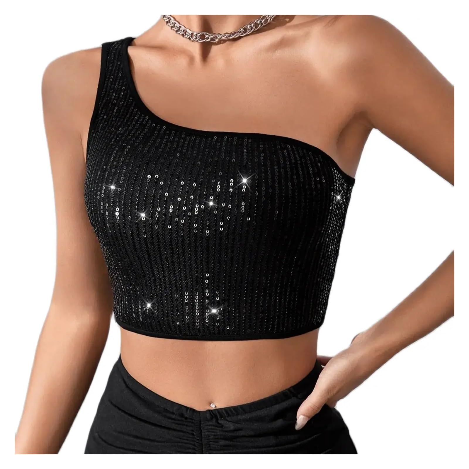 Haut Epaules Dénudées Haut Court à Paillettes Noires asymétriques for Femme, Tenue Scintillante for Les fêtes, la Danse, Les Rave(S)