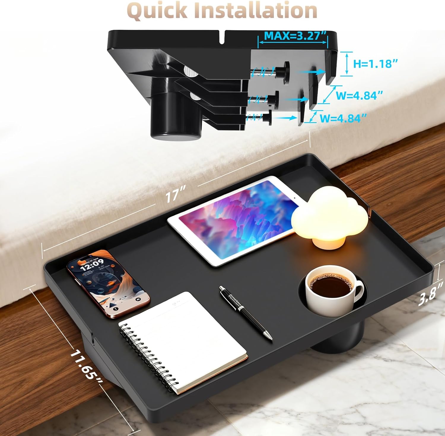 Bedside Shelf Dorm Bunk Bed, Bedside Caddy Shelf Dorm Bed, No Drill College Nightstand Organizer for Personal Items Books Glasses Apartment Bedroom Compact Space Solution Large+Black