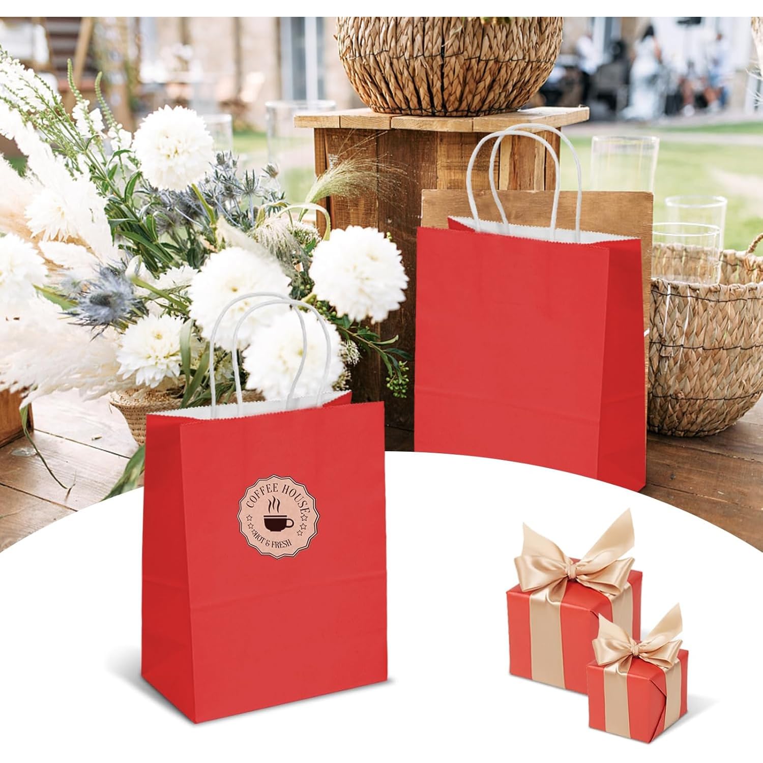 Red Kraft Gift Bags - 25 Pack, Birthday & Wedding -4