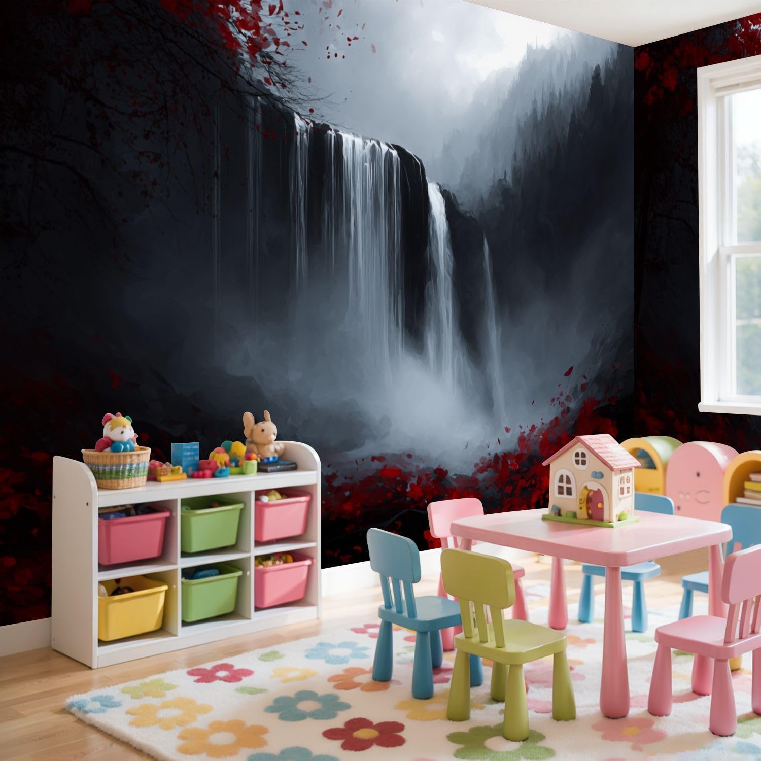 Wall Mural Peel and Stick Black White Red Woods Waterfall Landscape Waterfalls Leaves Misty Wallpaper Self Adhesive Removable Large Wall Stickers Home Decor for Living Room Bedroom 69"x96"