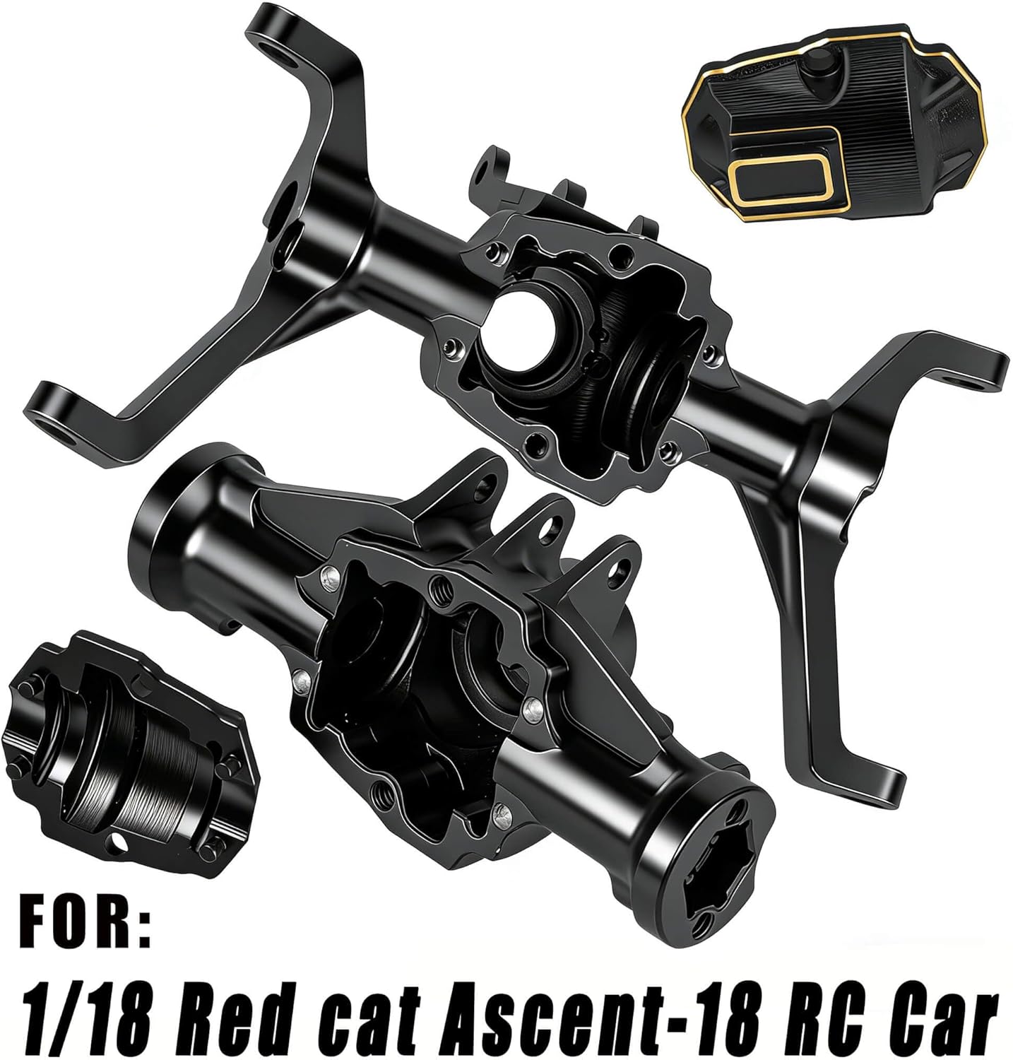RC Upgrades Parts for 1/18 Red cat Ascent-18 RC Car,Front & Rear Portal Axles,Skid Plate,Outer Portal Housing,Brass Diff Cover,Servo Mount,Steering Knuckle,Links,Black