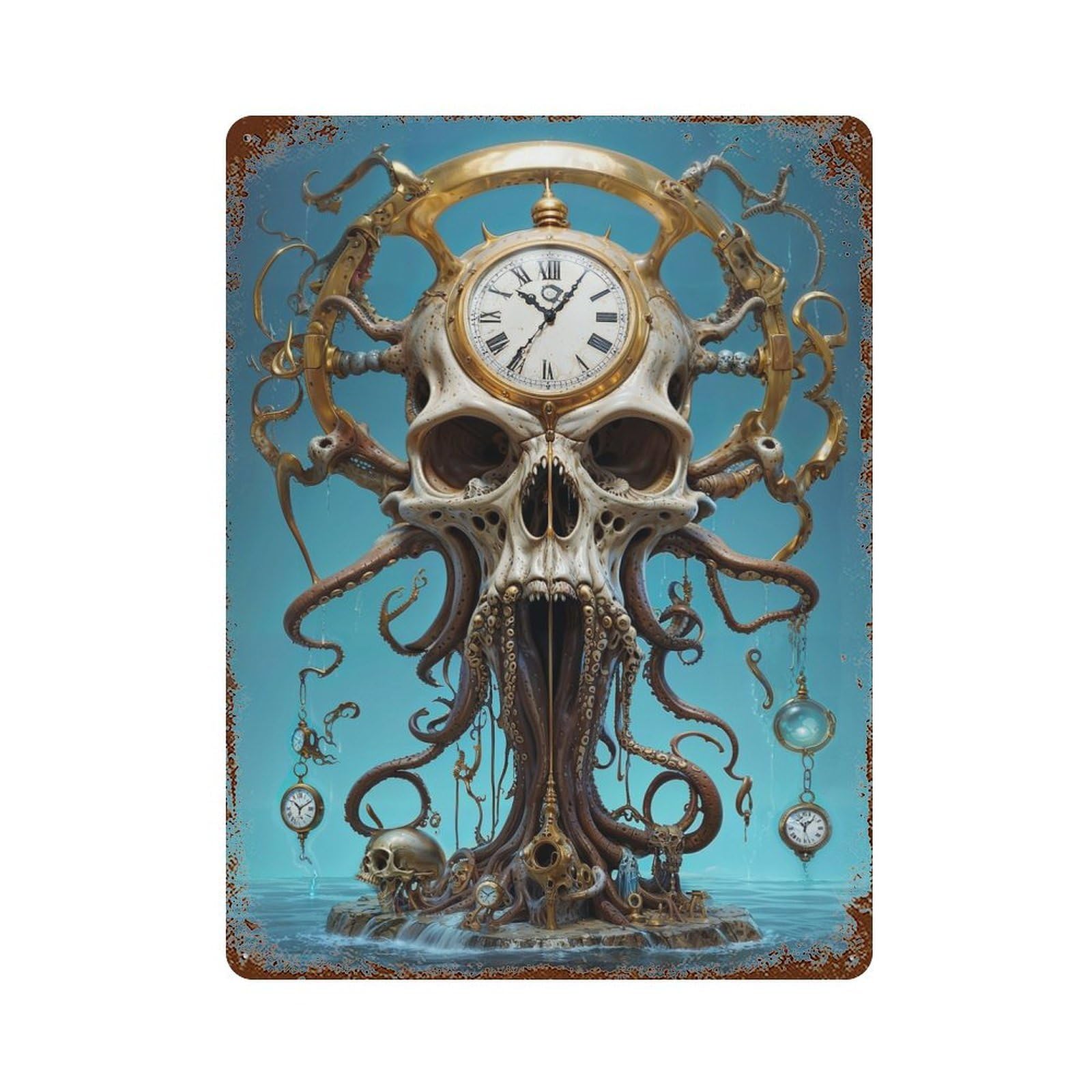Decorative Tin Sign with Surreal Octopus Skull Time Design 15.7"x11.8", for Basement, Hobby Room And Garage Decor, Rustic Home Decor
