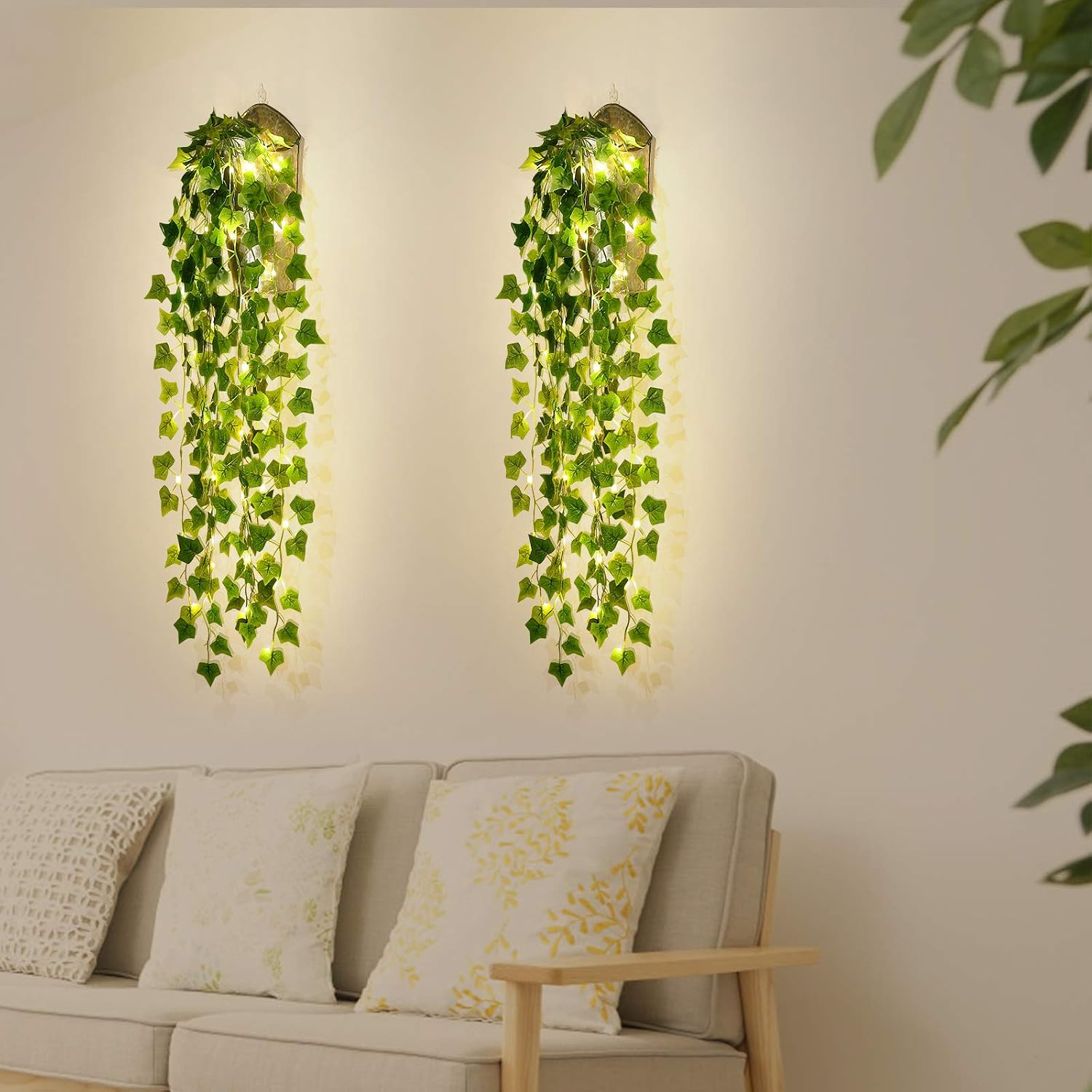 2Pcs Galvanized Metal Wall Planter with Fake Vines and Led Lights - Modern Farmhouse Style Artificial Hanging Plants Wall Decor, for Indoor Outdoor Bedroom Faux Ivy Wall Greenery Decor (Sliver)