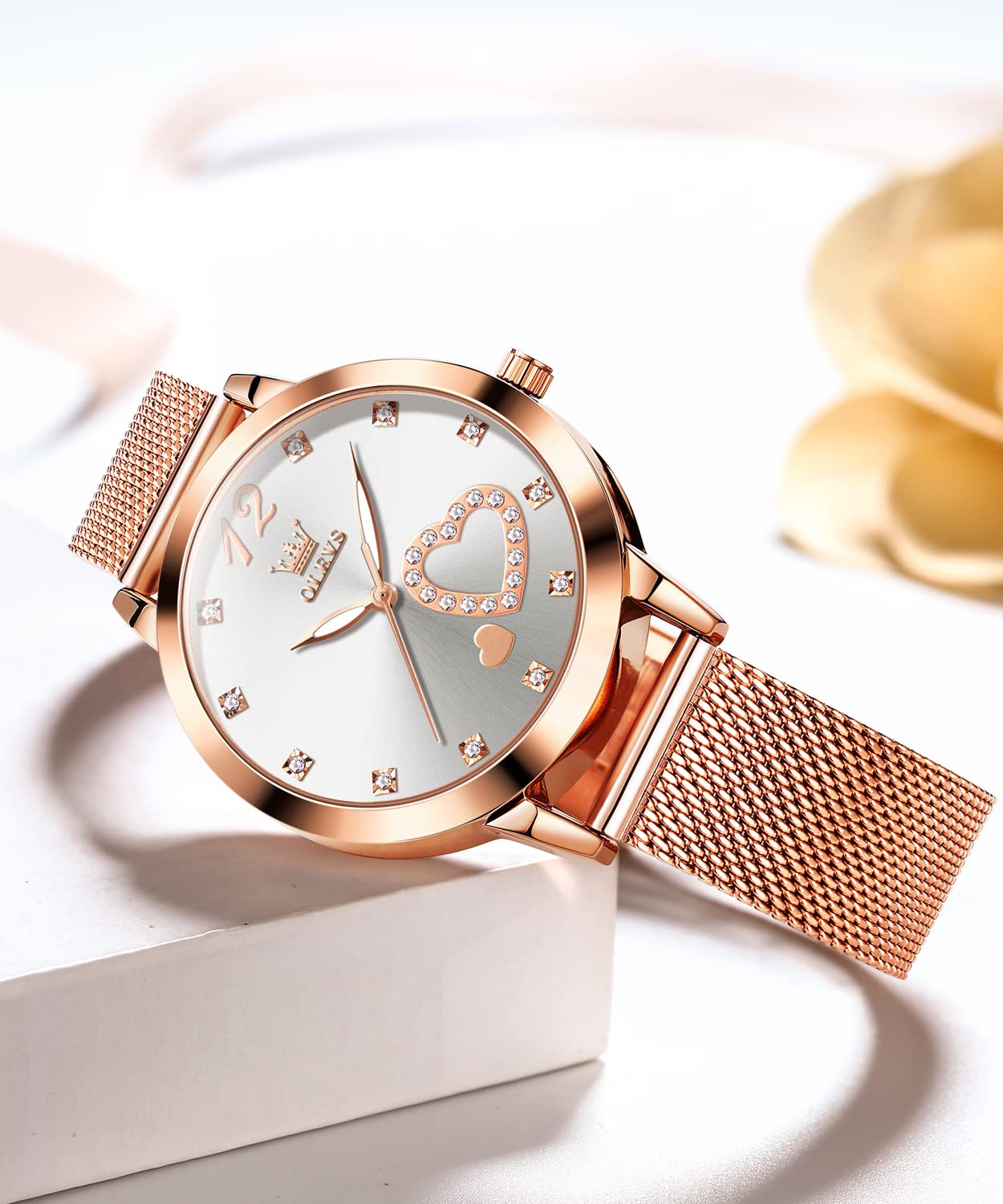 OLEVS Montre pour Femme Or Rose avec cœur Diamant Noir et Blanc Visage Quartz étanche Bracelet Ensemble Montres pour Femme