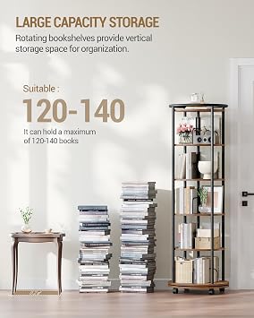 Hzuaneri Rotating Bookshelf, 360 Spinning Bookshelf Tower, Display Revolving Bookcase, Round Book Shelf, Narrow Swivel Bookshelves for Small Space, Bedroom, Living Room, 6-Tier Rustic Brown, BC52101B