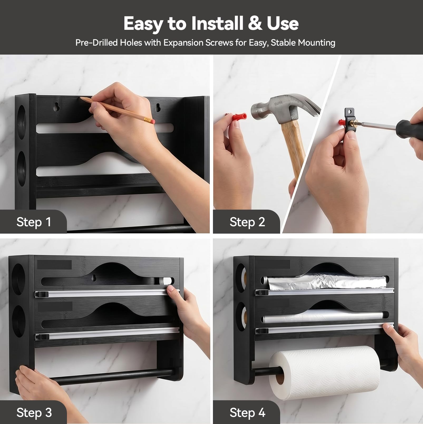 Portarotolo da cucina 3 in 1 in legno, dispenser di pellicola in alluminio e contenitore salvafreschezza, dispenser di pellicola salvafreschezza con coltello scorrevole, porta rotolo da parete da