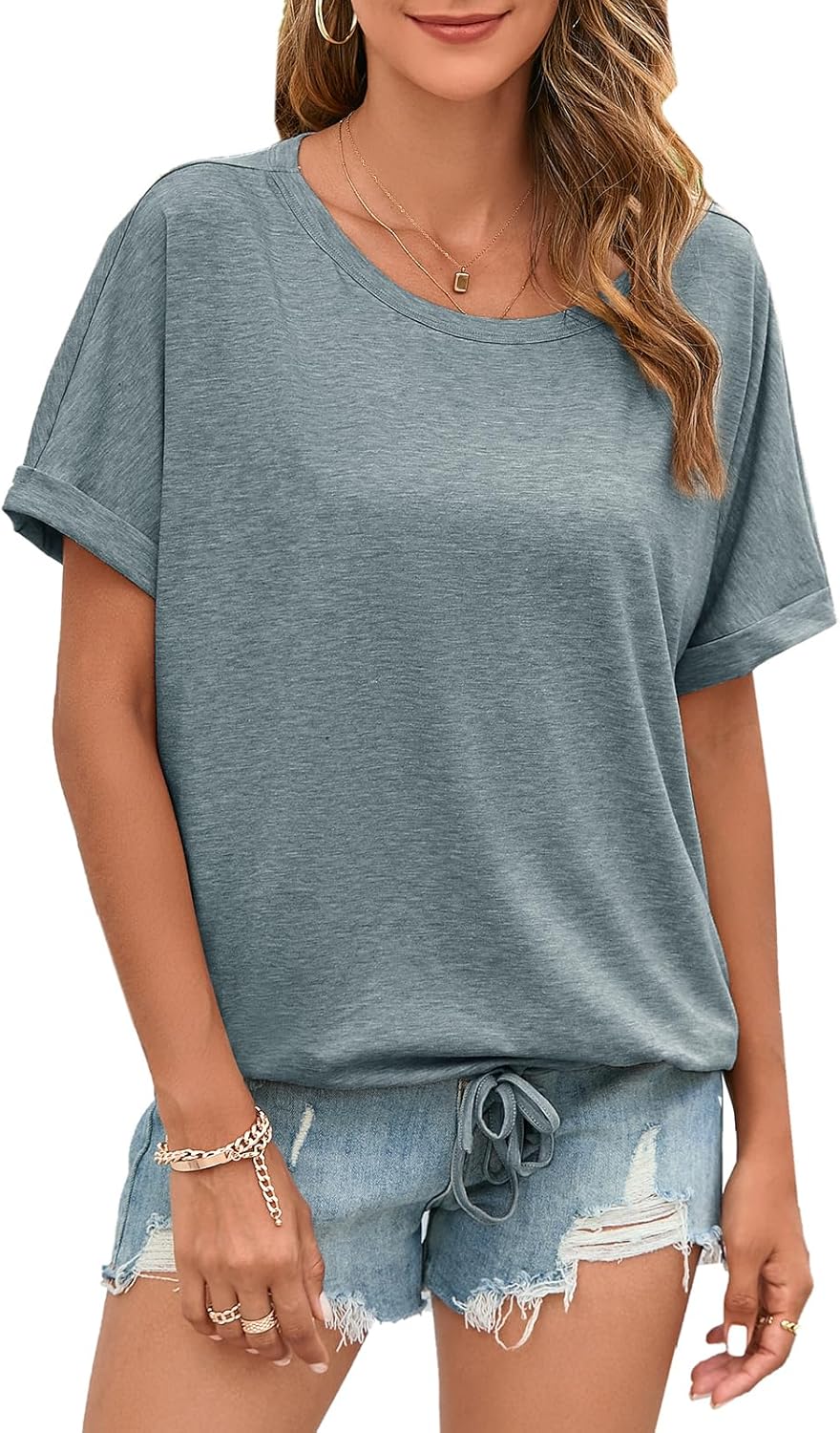 ENMAIN Womens Casual Crewneck T-Shirts Rolled Short Sleeve Basic Tee Shirts Elastic Hem Summer Tops