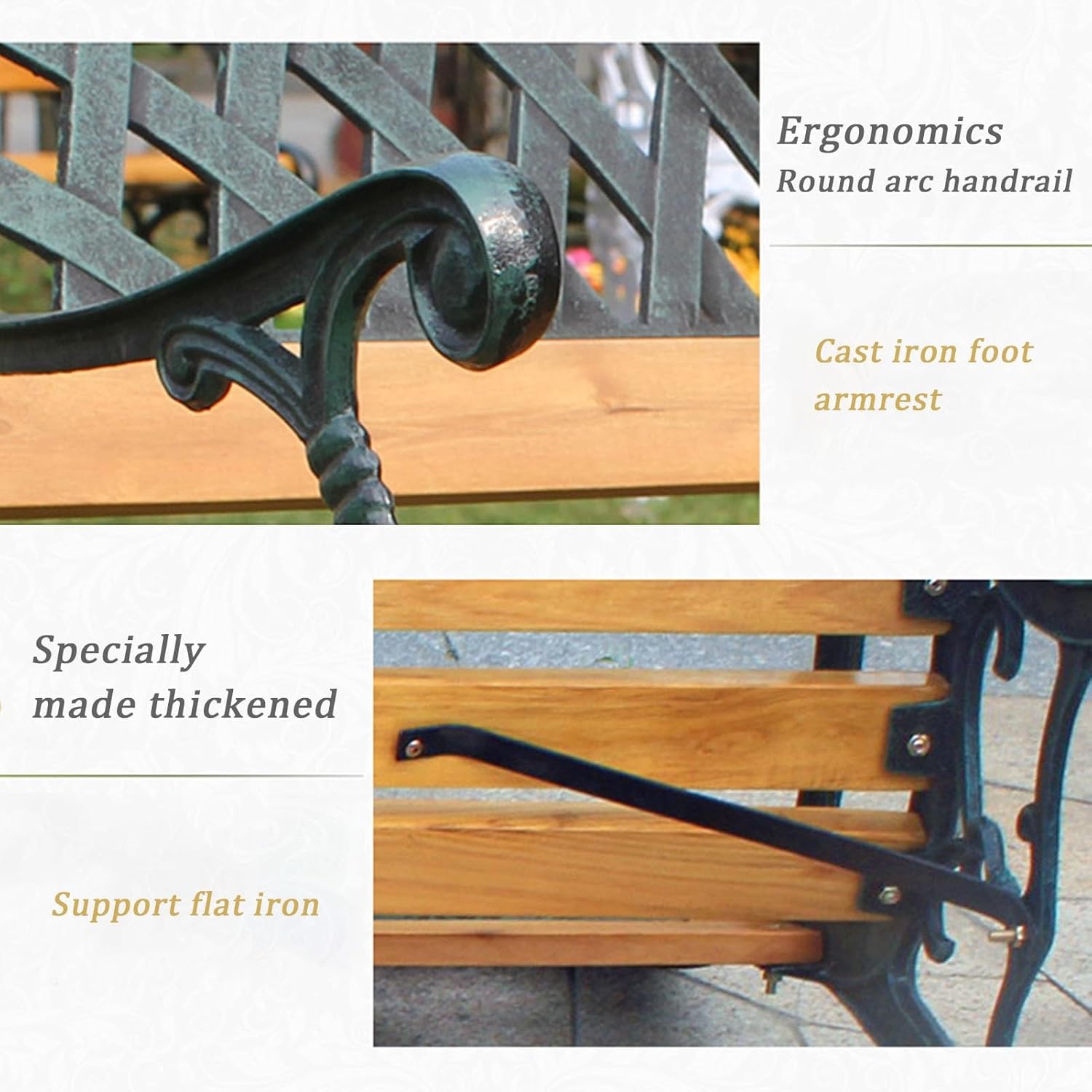 Outdoor Garden Bench, Metal Bench with Pattern Backrest, Park Bench with Arc Armrests, Cast Iron Patio Bench Chair, Balcony Furniture Seating, Weather Resistance Slatted Seat (Color : Natu