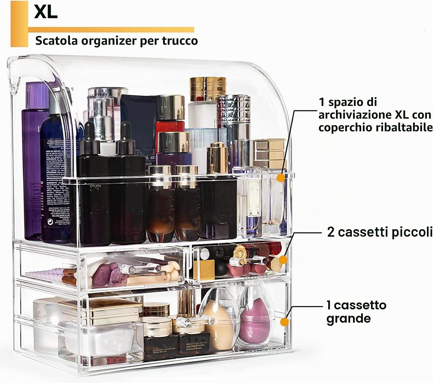 Organizer per trucchi, in acrilico, XL, per profumi, prodotti per la cura della pelle, con cassetti, impermeabile, grande scatola organizer antipolvere per bancone, cassettiera e bagno
