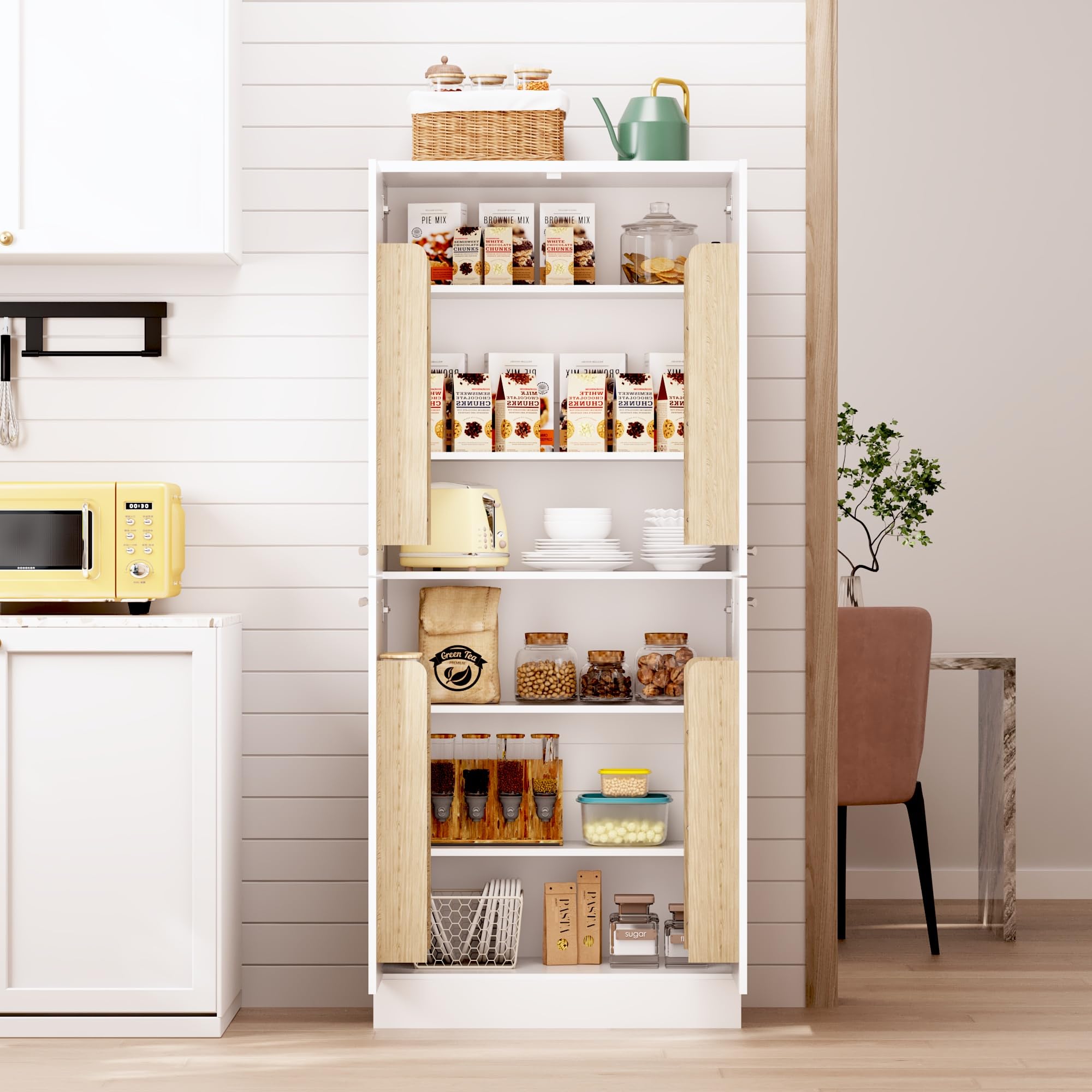 Muskel Kitchen Pantry Gabinete alto blanco brillante, armario de 4 puertas en diseño de frigorífico, estantes ajustables en altura, armario de cocina grande con asas de metal, 76 x 42 x 180 cm