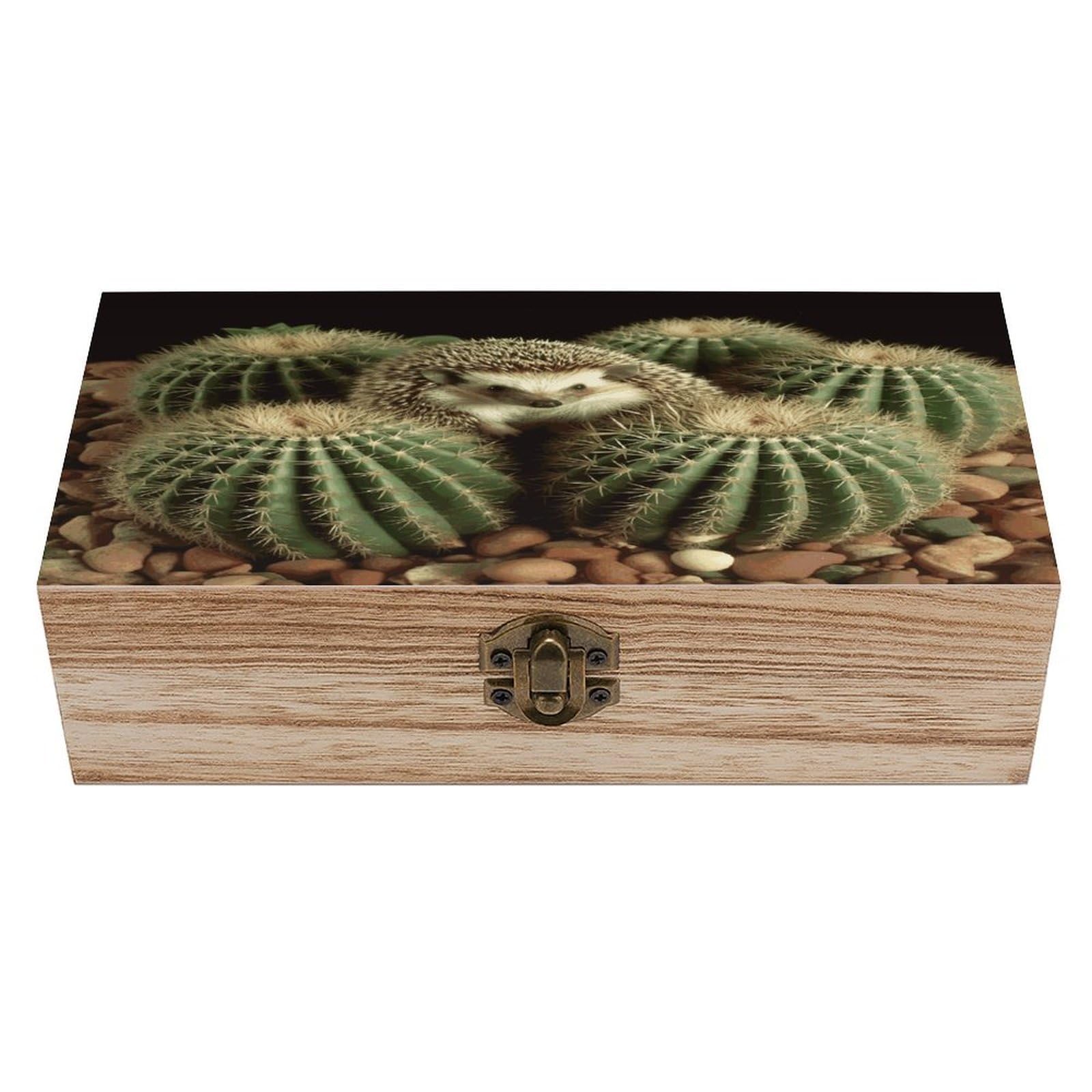 asbwuo Hedgehogs Cactus Wood Keepsake Box Wooden Box with Hinged Lid