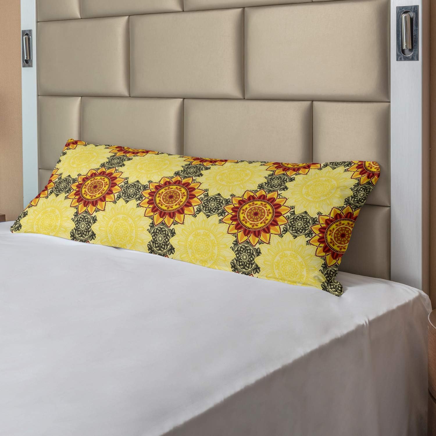 Ambesonne Mandala Body Pillow Case Cover with Zipper, Vibrant Yellow Mandala with Floral Framework Petals Boho, Decorative Accent Long Pillowcase, 21" x 54", Yellow Black