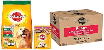 Pedigree Puppy Wet Dog Food, Chicken Chunks in Gravy, 70 g (Pack of 30) & Pedigree Complete & Balanced Food for Puppy & Adult Dogs, 100% Vegetarian, 1.2 Kg