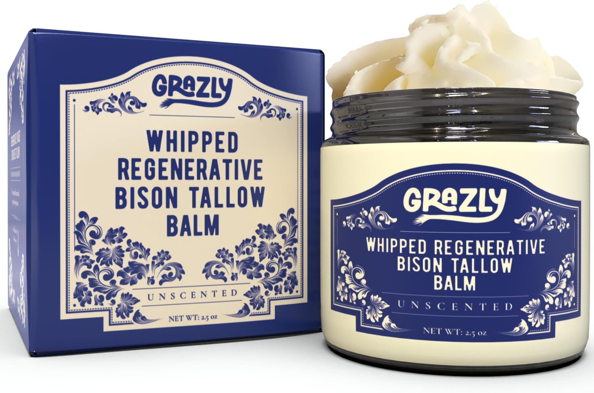 GrazlyUnscented Manuka Honey & Bison Tallow Balm – 100% Organic, Grass-Fed Face & Body Moisturizer for Dry Skin, Acne-Prone Skin & Wrinkles – Ancestral Formula with Coconut Oil, Raw Beeswax – 3oz