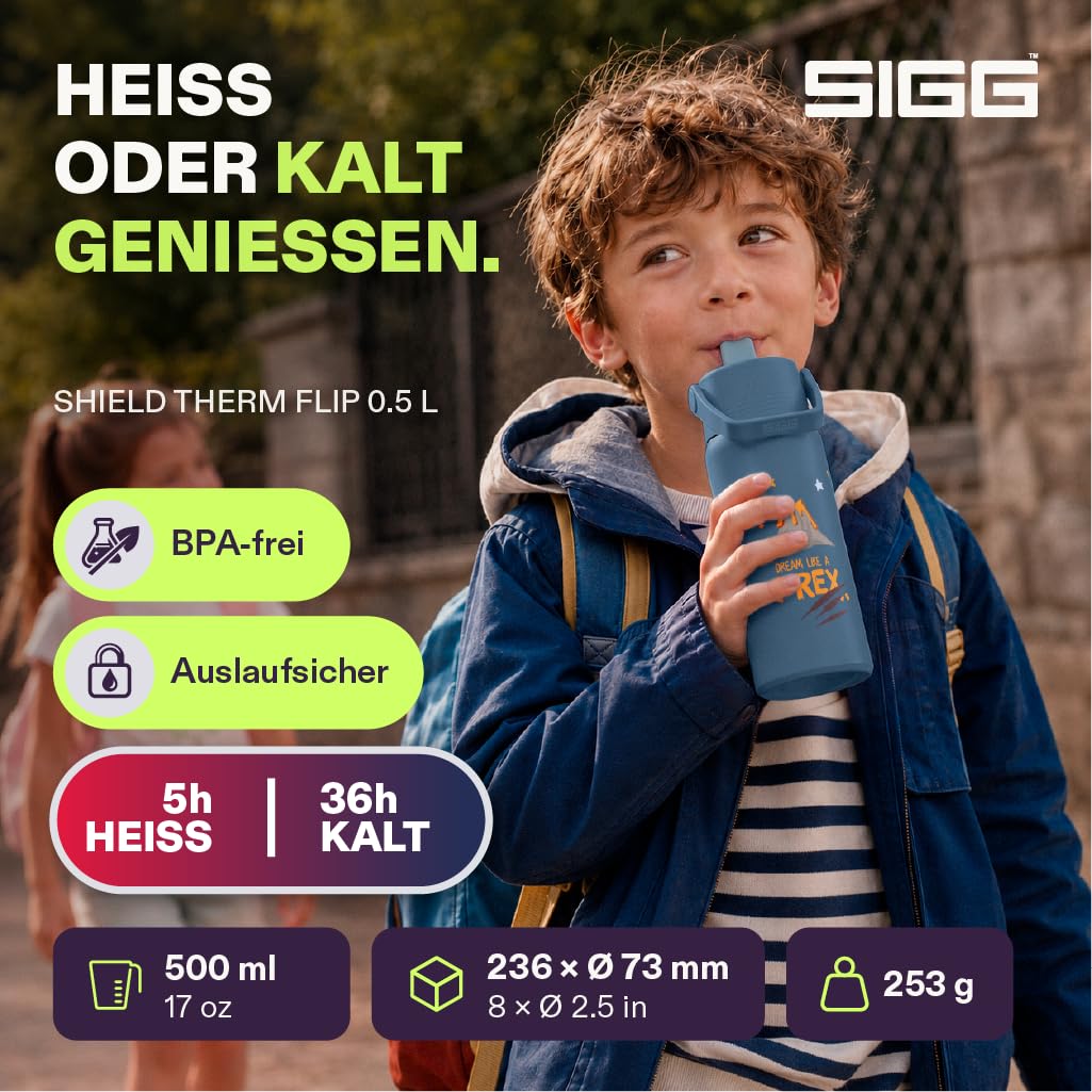 SIGG - Isolierte Trinkflasche Kinder - Shield Therm FLIP T-Rex - Auslaufsicher - Spülmaschinenfest - BPA-frei - 90% recycelter Edelstahl - Sport & Schule - Blau mit Dino - 0.5L