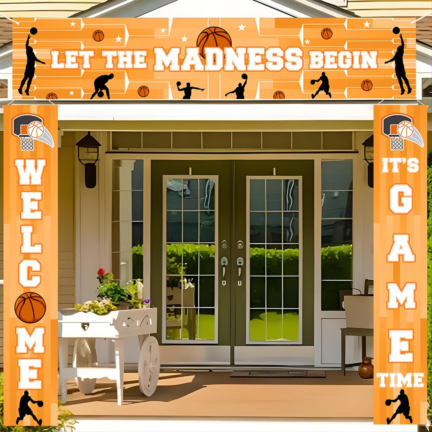 AIBIIN 3PCS Basketball Decorations Banner Let The Madness Begin Fence Cover Hanging Welcome It's Game Time Porch Sign for Basketball Sports Party Supplies Indoor Outdoor