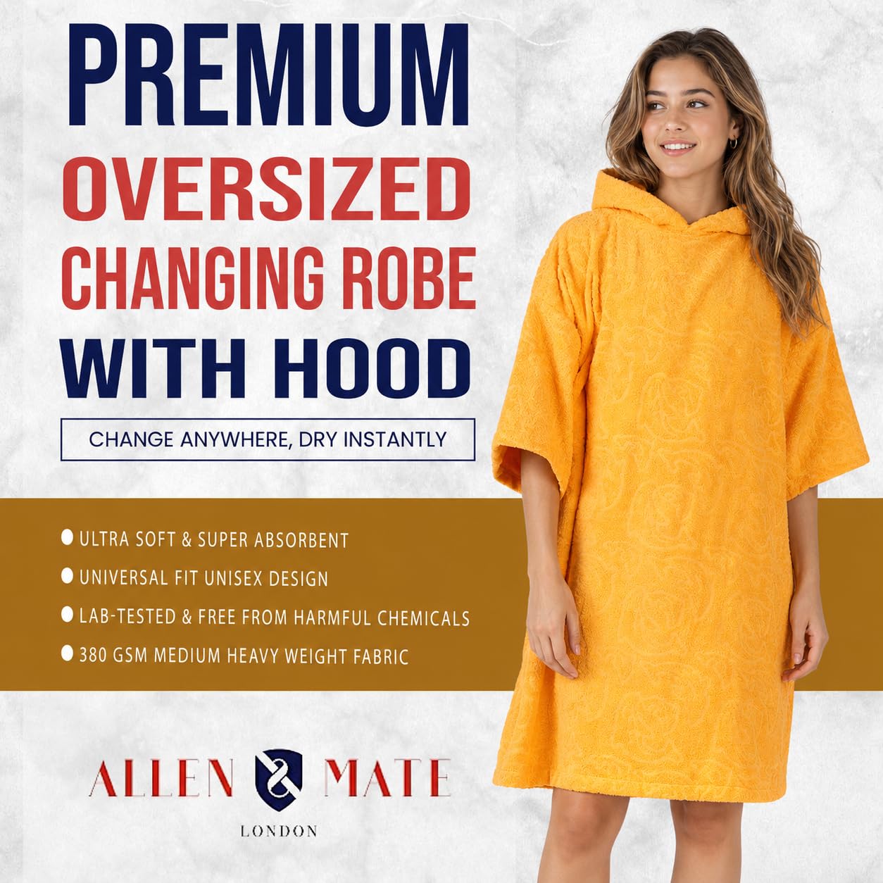 ALLEN & MATE Poncho de Toalla con Capucha para Adultos, 100% algodón de Rizo, Bata cambiadora con Capucha y Bolsillos para Playa, natación