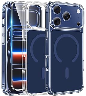 FNTCASE for iPhone 17 Pro-Max Case: Clear Magnetic Phone Cases with Screen Protector Compatible with Magsafe Slim Anti Yellowing Rugged Shockproof Protective Transparent Cell Cover (B-A Blue) - Amazon product rated Grade A