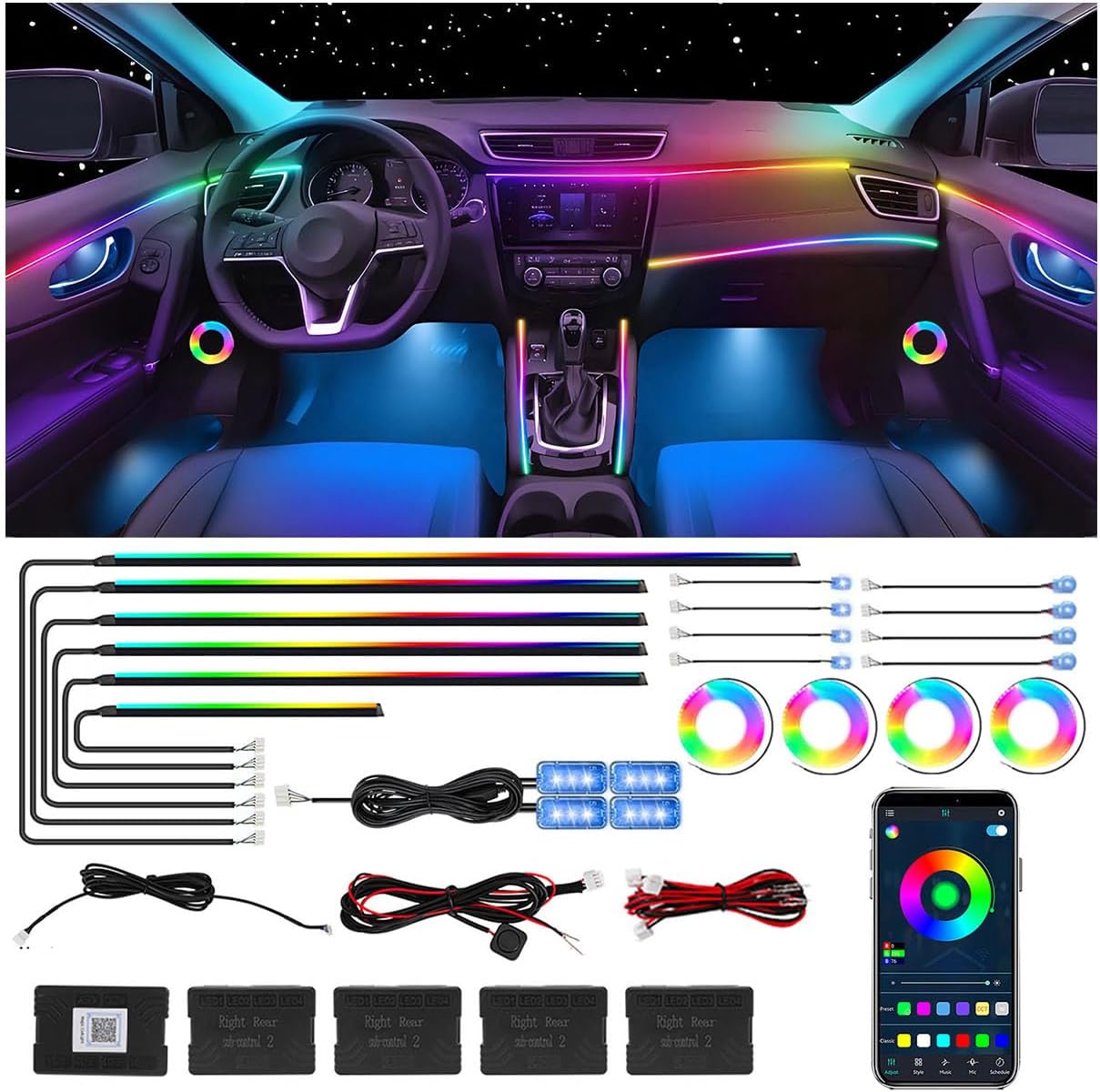 Acrylic Interior Car LED Strip Light,RGB 22 in 1 Neon Ambient Lighting Kits,Car Ambient Lighting with APP Control,LED Lights for Cars with Music Sync Dynamic Dreamcolor