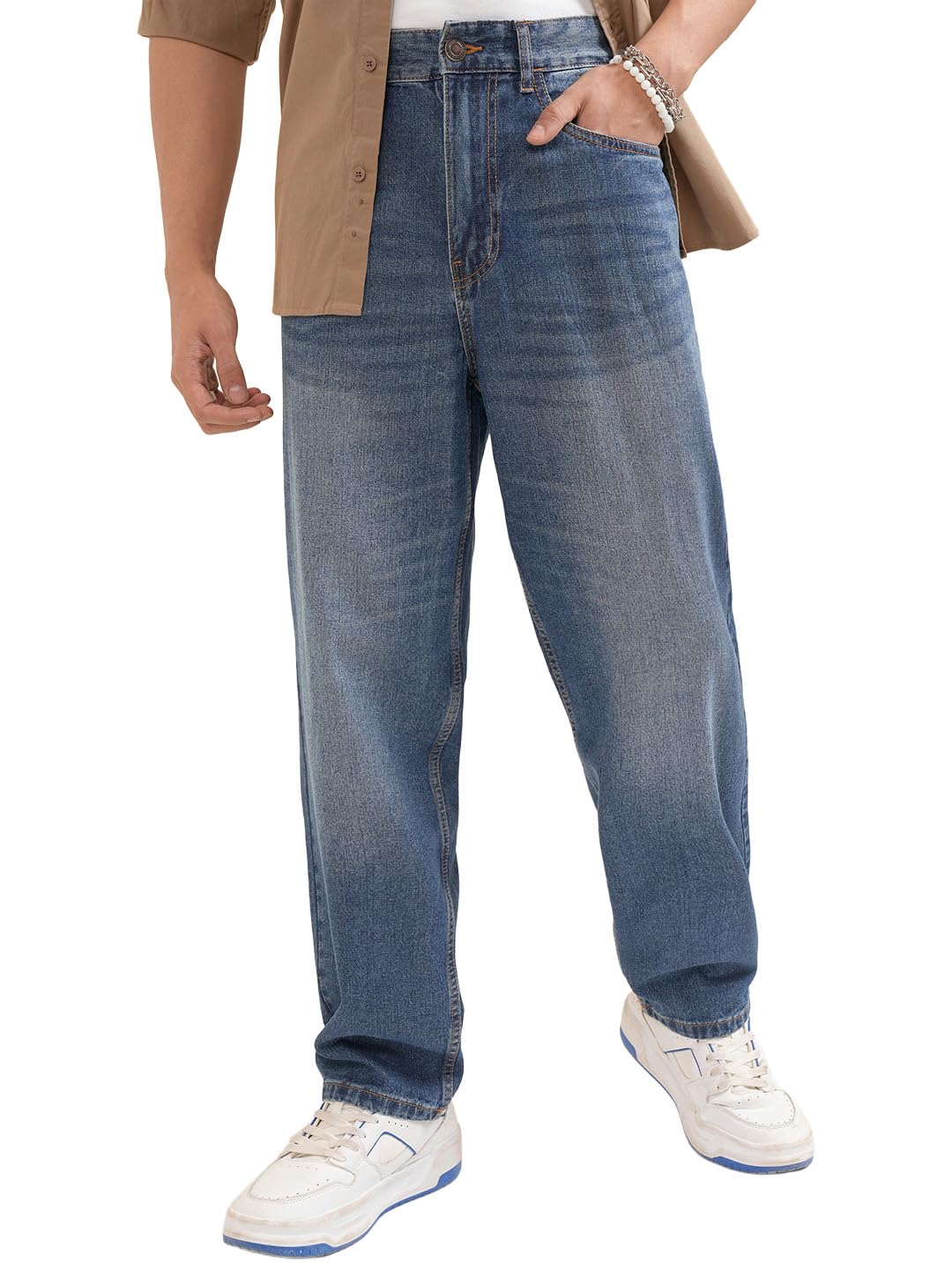 Highlander Men's Loose Baggy Straight Fit Jeans Blue BLUE-1 - Image 1