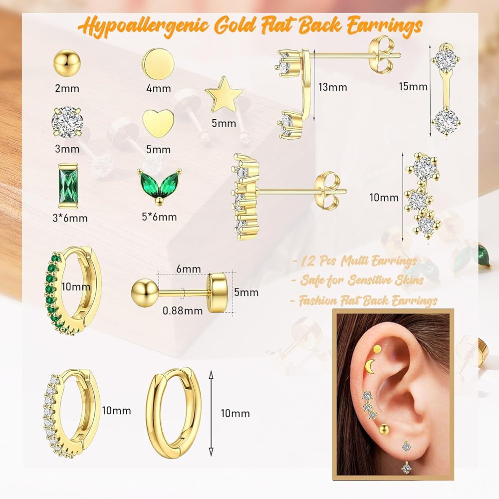 Amazon.com: 12Pairs Dainty 16K Gold Flat Back Earrings