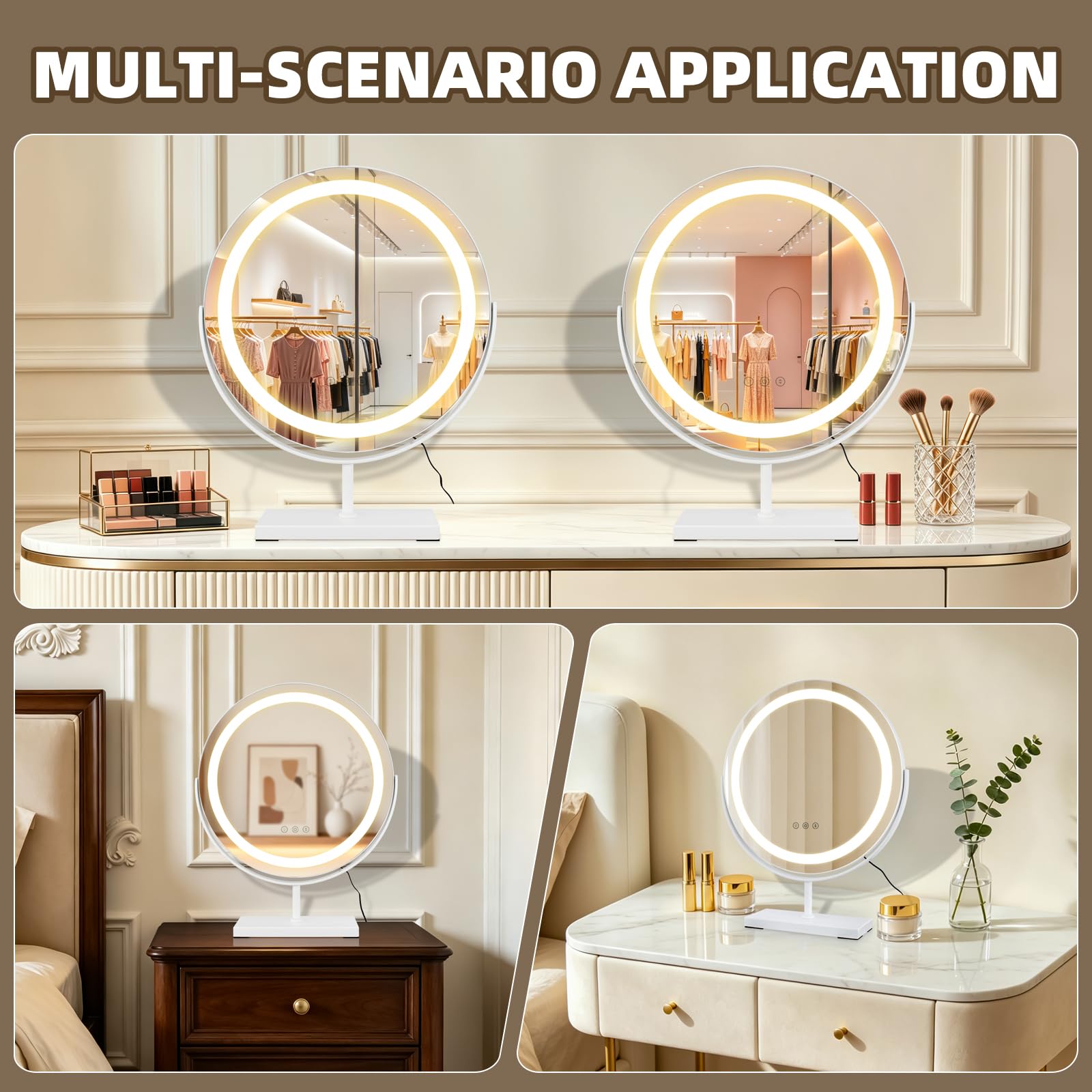 MantoLite Espejo de Maquillaje Redondo LED Iluminado 40 cm Blanco Táctil | Espejo de maquillaje grande giratorio 360° con luces, espejo de mesa regulable con 3 modos de iluminación.