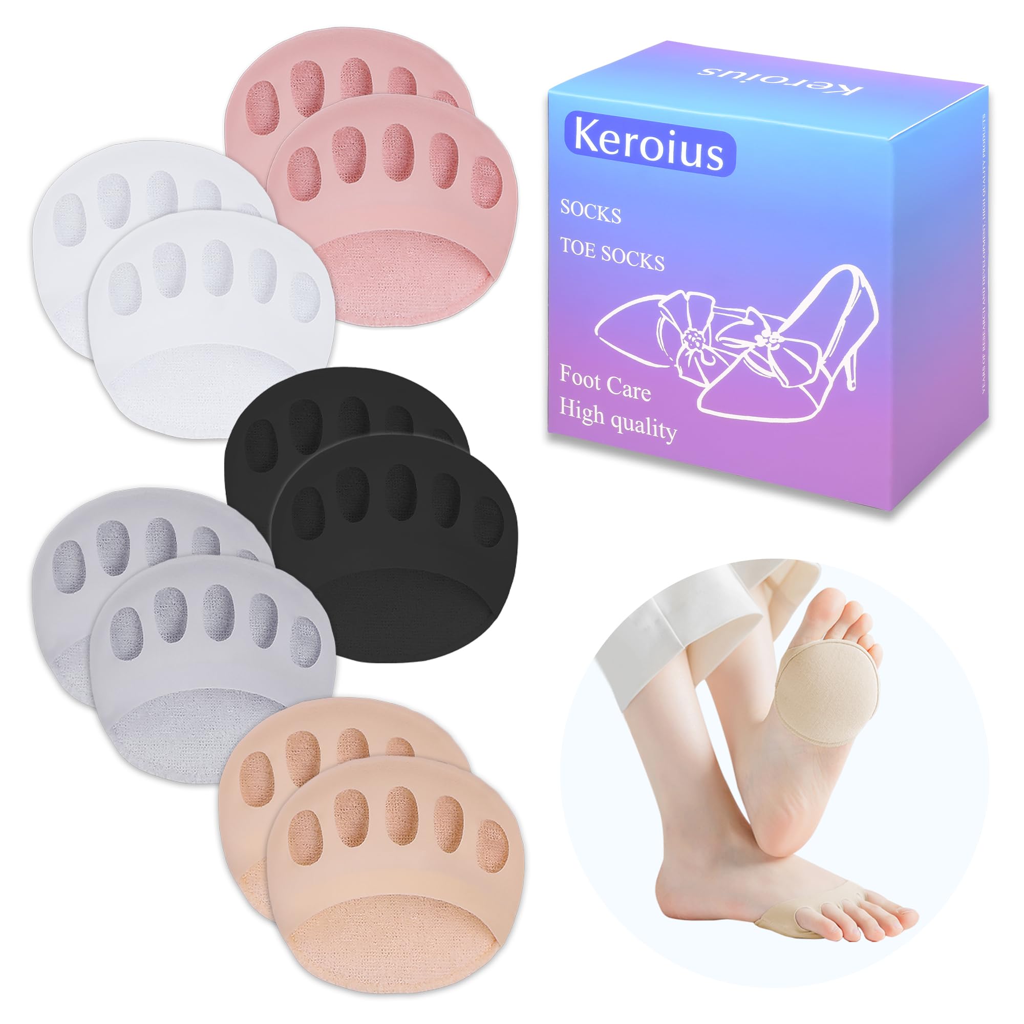 Honeycomb Fabric Forefoot Pads Breathable Soft Ball of Foot Cushion Pads, Invisible Women's Half Liner Socks Mat for Flats High Heels (5Pairs(Black-Beige-Gray-White-Pink))