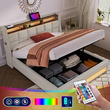 Full Size Lift Up Storage Bed Frame with Wingback Storage Headboard,Upholstered Platform Bed with USB Charging Station & Led Lights, No Box Spring Needed,Easy Assemble (Natural, Full)
