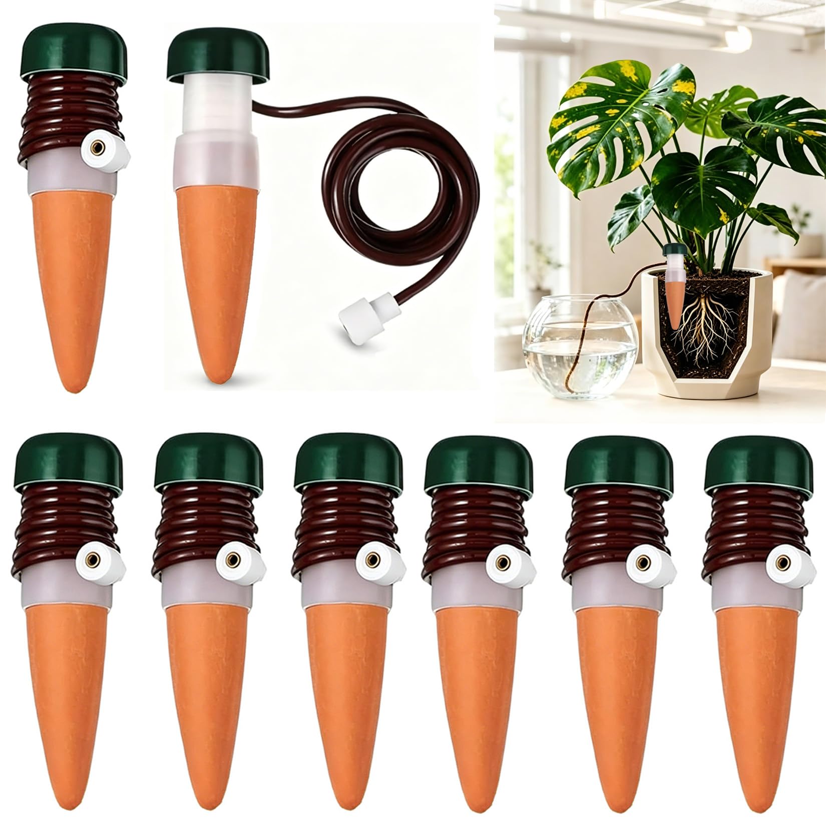 8 Stück Wasserspender für Zimmerpflanzen, Bewassersystem Blumentopf Bewässerung Tonkegel mit 78cm Schlauch Selbstbewässerung Bewässerungssystem Balkon Automatische Pflanzen Bewässerung Urlaub