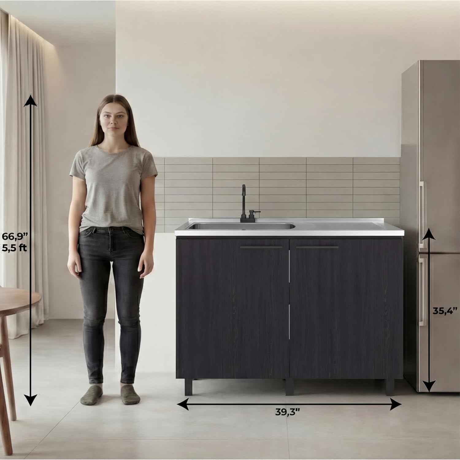 Tuhome Napoles Utility Sink with Cabinet, Stainless Steel Countertop, Interior Storage Shelf, Wide Dual-Door Base Cabinet,Modern Multi-Purpose Laundry and Kitchen Utility Station for Home Organization