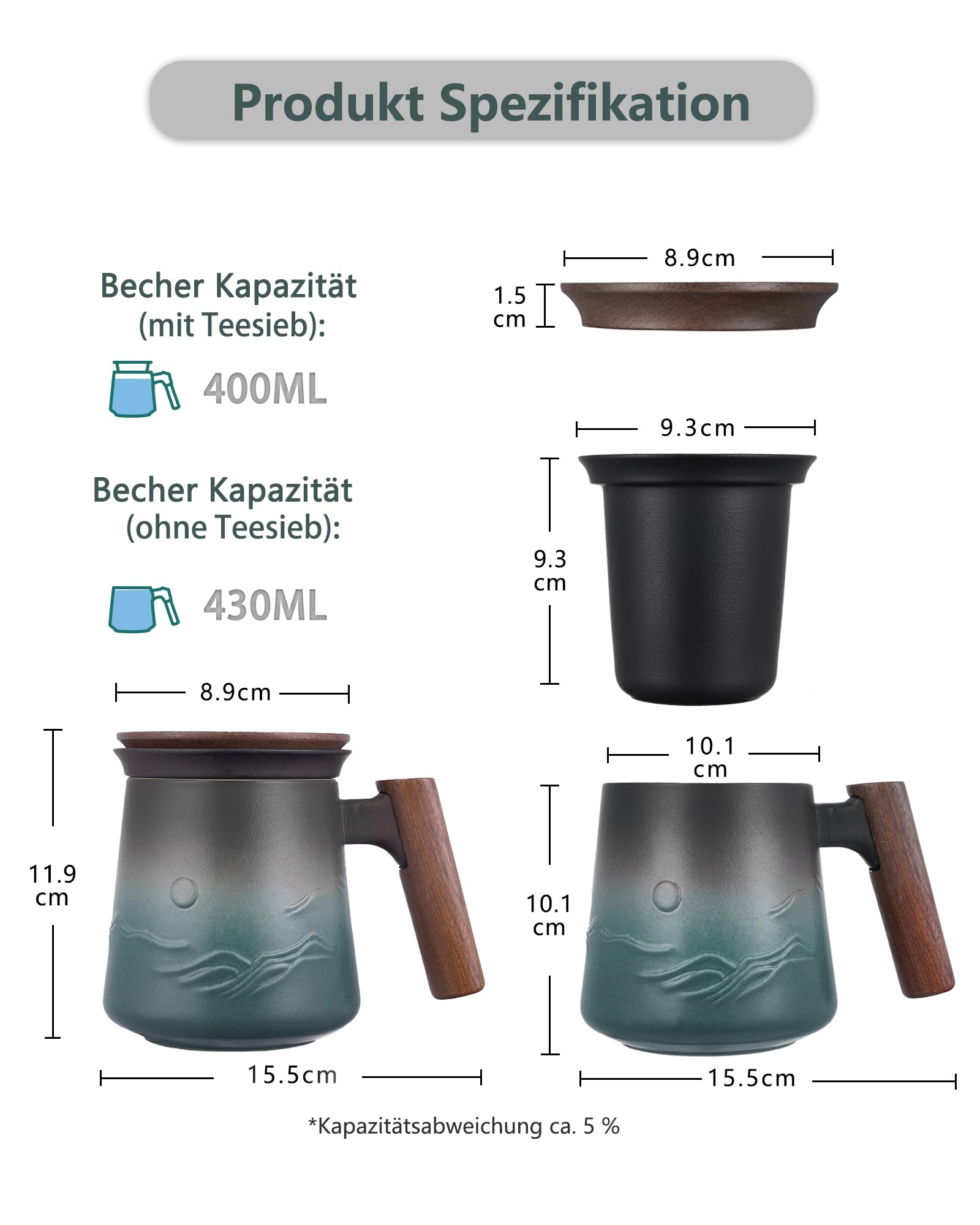 ZENS Teetasse mit Deckel und Sieb, 430ml Holzgriff Groß Teebecher mit Teesieb und Holz Deckel für Losen Tee, Keramik Teetassen Geschenk für Teeliebhaber, Schwarz und Grün