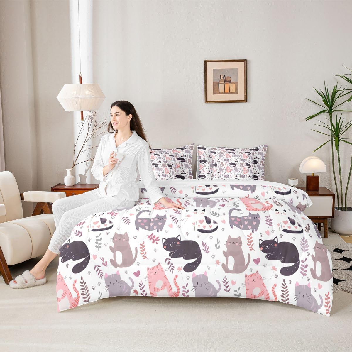 Feelyou Cat Comforter Set Twin Size 7 Pieces Cute Kitten Bedding Set for Kids Boys Girls Kawaii Cartoon Animal Bed in a Bag with Comforter, Sheets, Pillowcases, Cushion Covers Colorful Floral