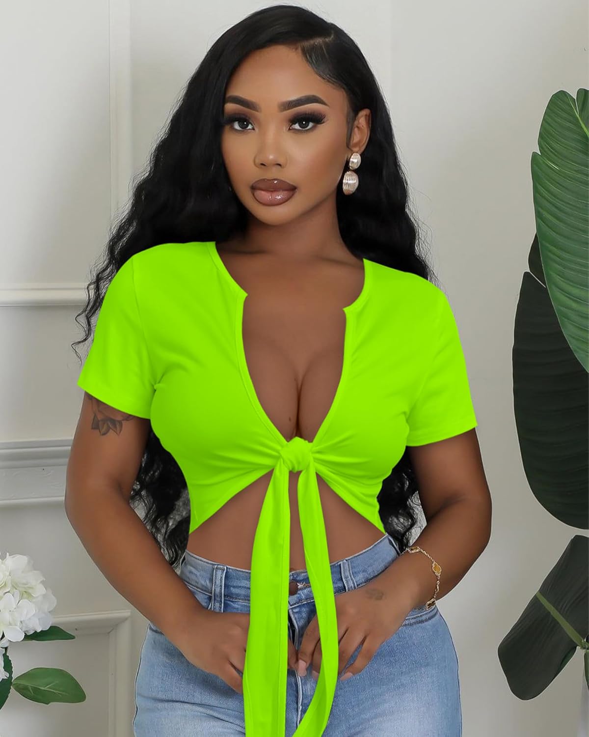 Women's Tie Front Crop Top V Neck Short Sleeve T Shirt Summer Casual Basic Slim Fit Tees - Image 2