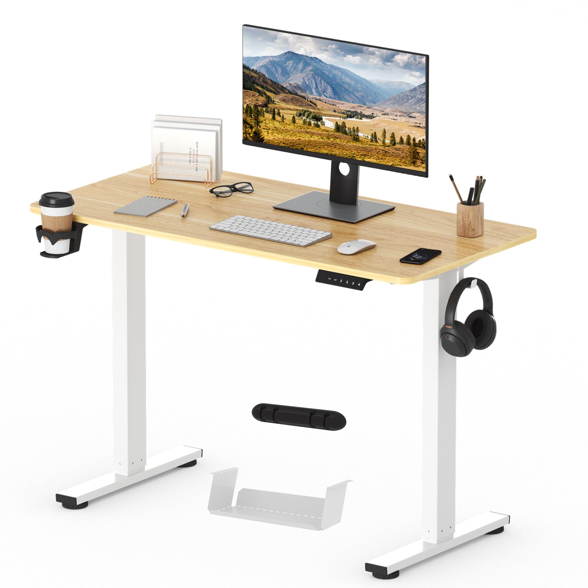SANODESK Scrivania Regolabile in Altezza con Piano Completo – Inclusi 4 Accessori: Portabicchieri, Gancio, Contenitore e Gestione Cavi, con Funzione di Memoria, per Ufficio e Tempo Libero