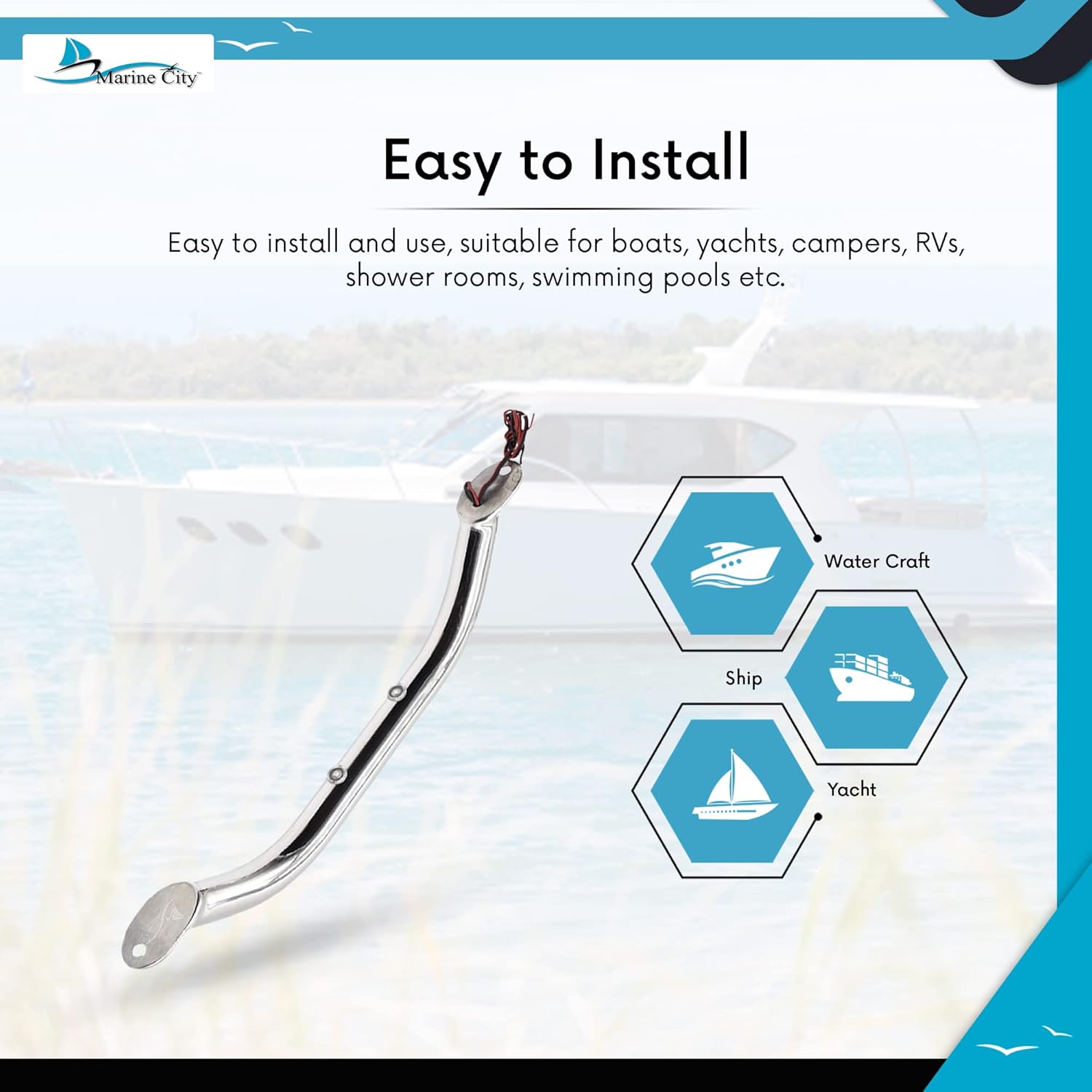 MARINE CITY Polished Stainless Steel Grab Rail Handle with LED Lights for Boats Yachts RVs