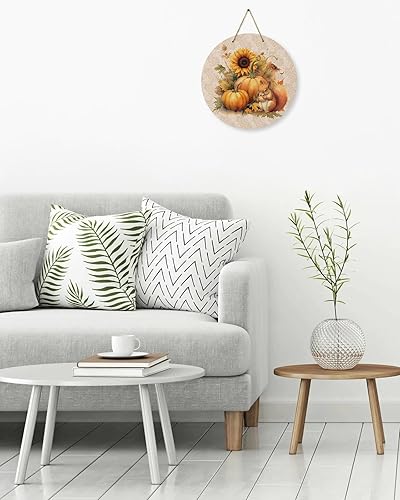 Miniatura 4 de Letrero de bienvenida de temporada para puerta delantera, girasol, calabaza, otoño, Acción de Gracias, coronas redondas de madera, letrero colgante