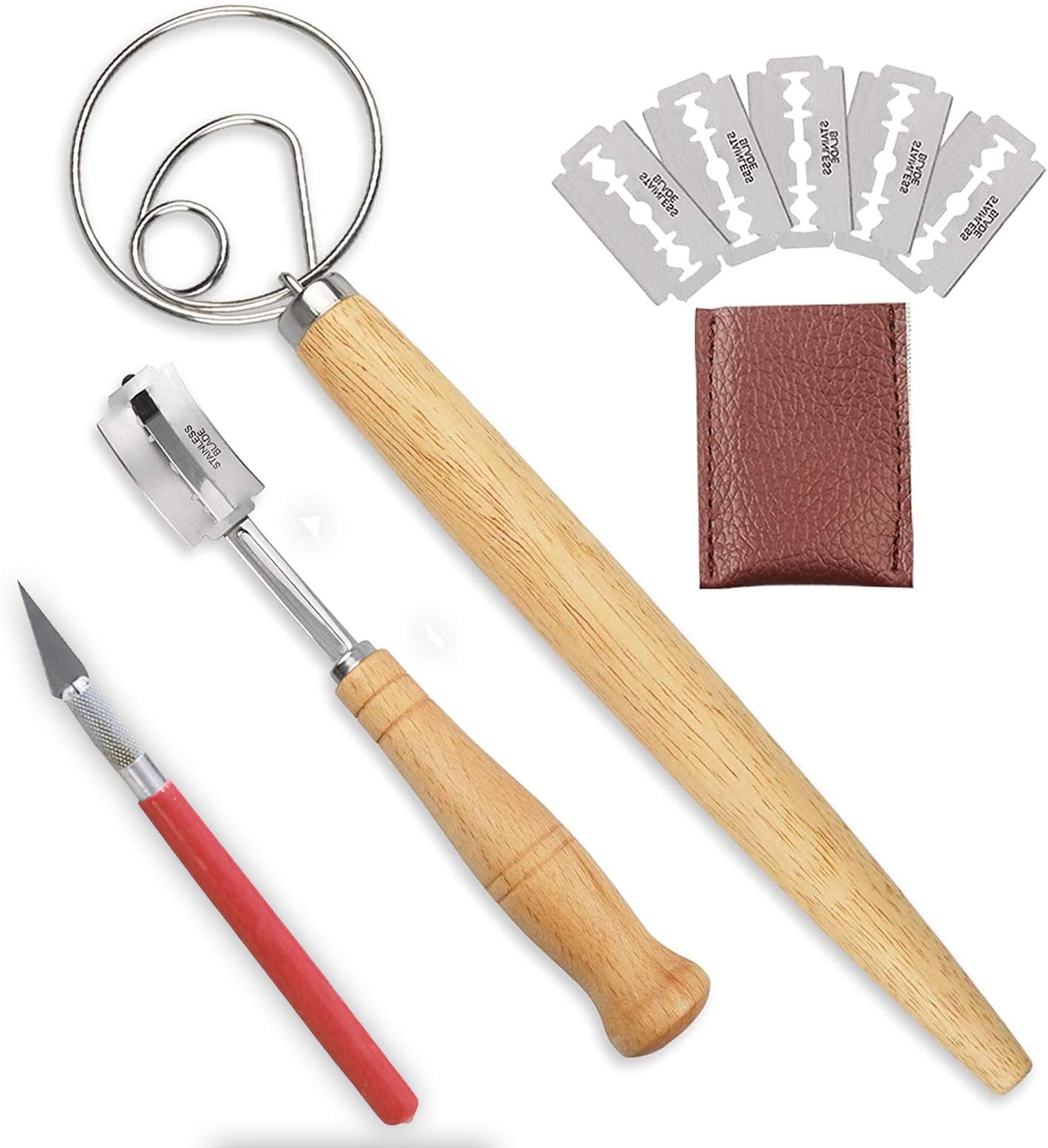 Bread Lame and Dough Whisk Set With Super Sharp Blade 5 Replacement Blades ＆ Leather Protective Cover lame bread slashing tool, Professional Dough Making Slasher Tools,for Bread, Cake, Pizza