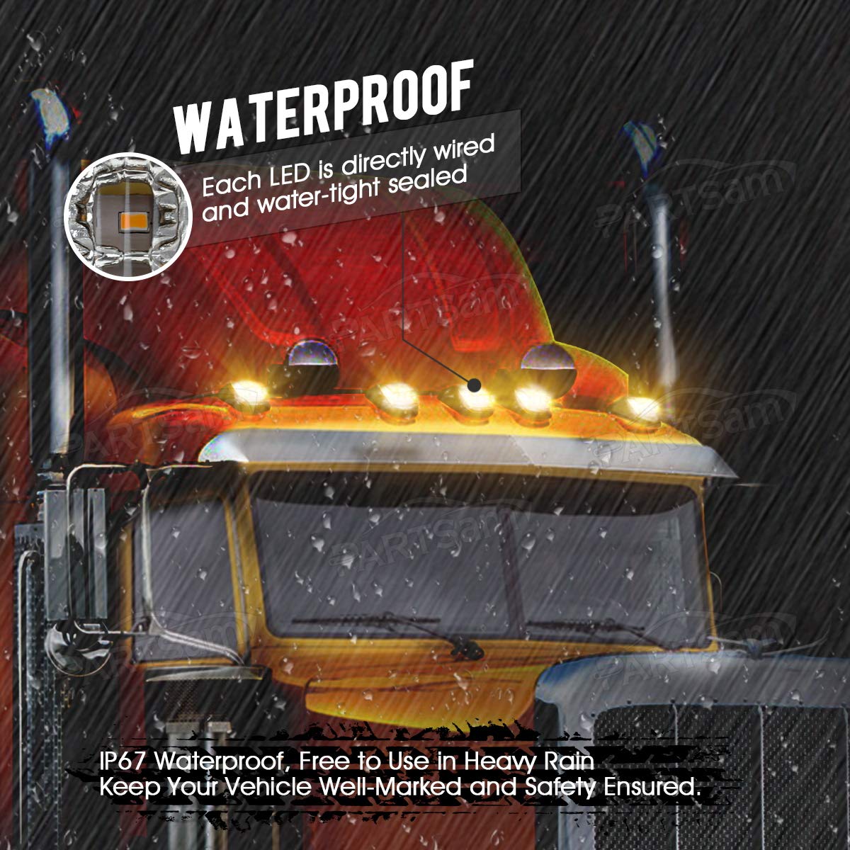 PARTSam 5-Pack 17 LED Amber Cab Marker Lights - Clear Lens For Peterbilt, Kenworth, Mack Trucks