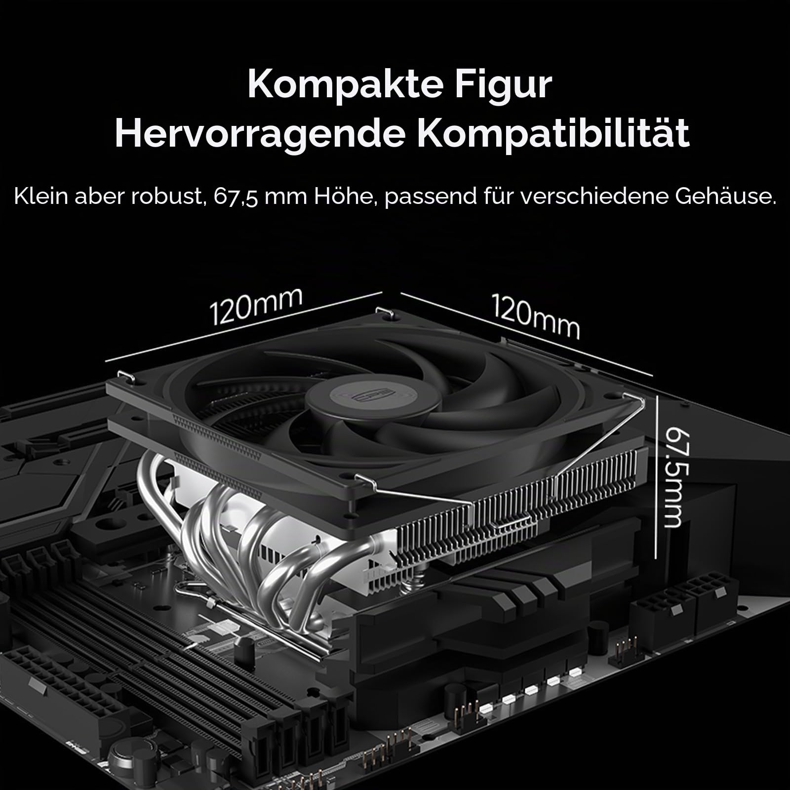 CPS RC600-67 BK 67 mm Höhe Low-Profile-CPU-Kühler, 6 Heatpipes CPU-Luftkühler mit 120 * 15 mm Slim-Lüfter für ITX, Small-Form-Factor-Builds, unterstützt Intel LGA 115X/1200/1700/1851, AMD AM4/AM5